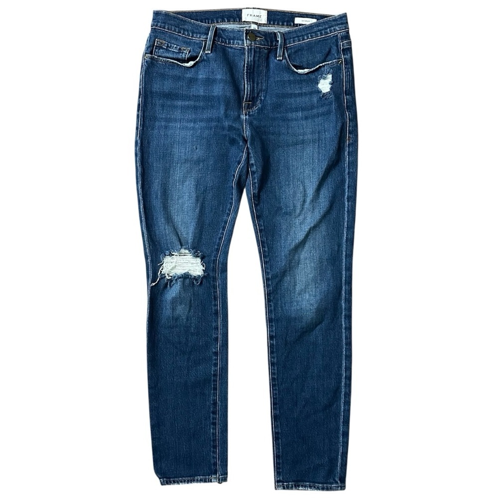 Frame Le Garcon Mid Rise Distressed Skinny Jeans Lingo Blue Wash Denim Size 28